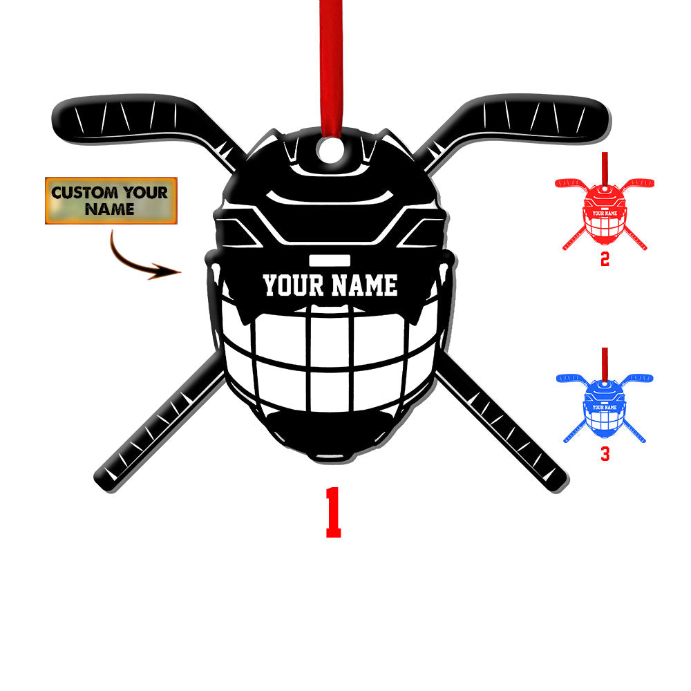 Pack 1 / 1 - Black Hockey Helmet And Cross Stick Personalized - Custom Shape Ornament - Owls Matrix LTD