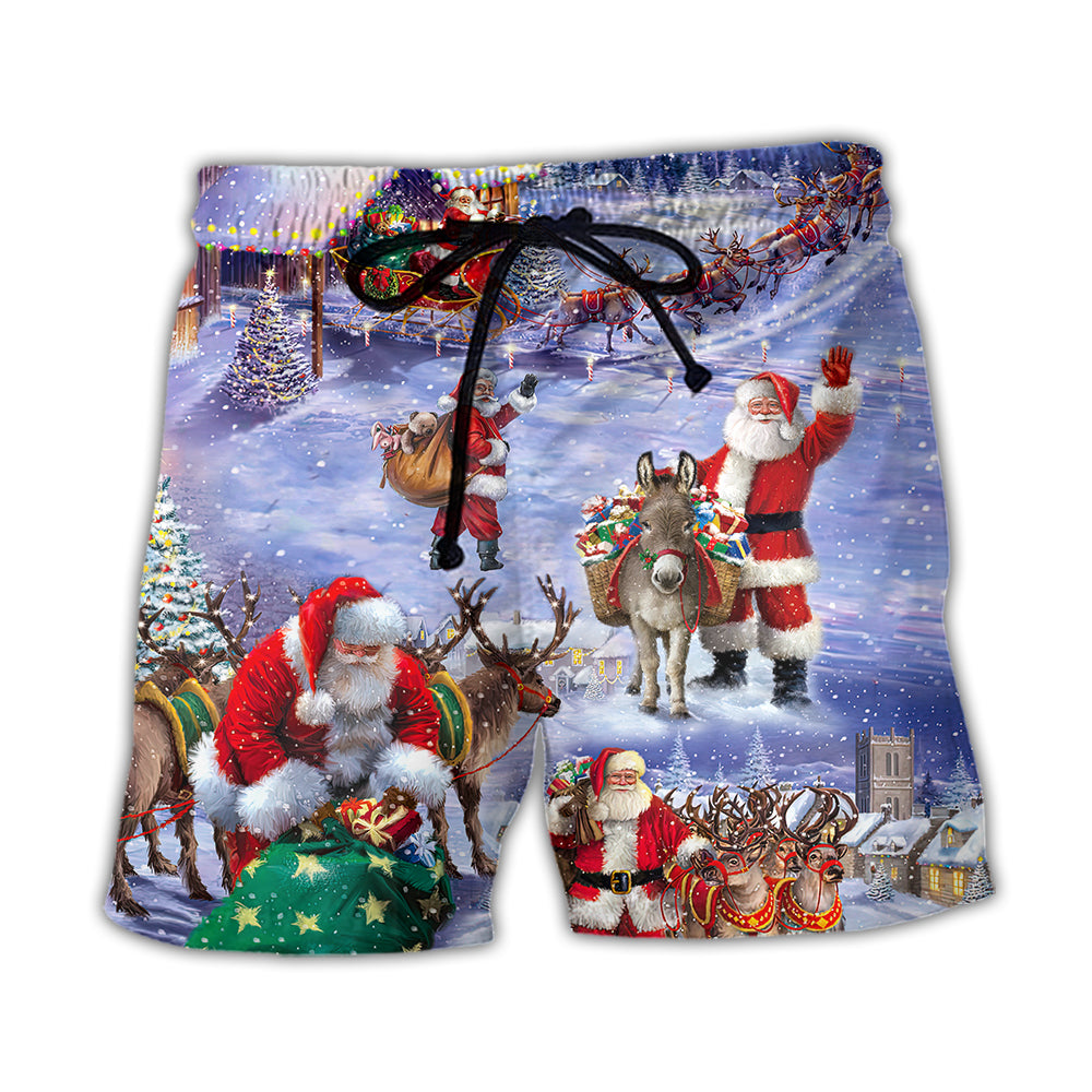 Beach Short / Adults / S Christmas Santa Claus Story Night Gift For Xmas Painting Style - Beach Short - Owls Matrix LTD