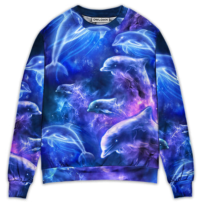 Sweater / S Dolphin Galaxy Neon Glow Style - Sweater - Ugly Christmas Sweaters - Owls Matrix LTD