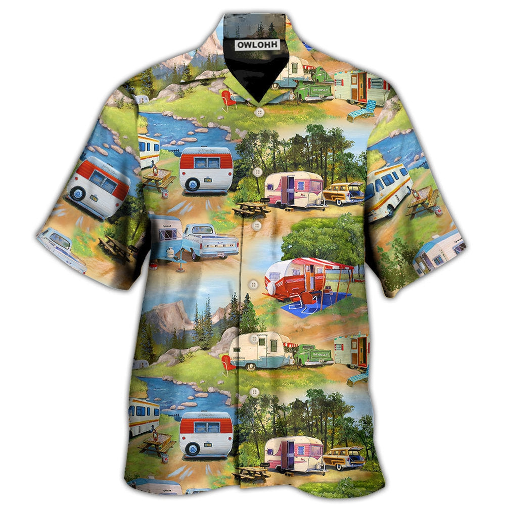 Hawaiian Shirt / Adults / S Camping Vintage Caravans Happy Life - Hawaiian Shirt - Owls Matrix LTD