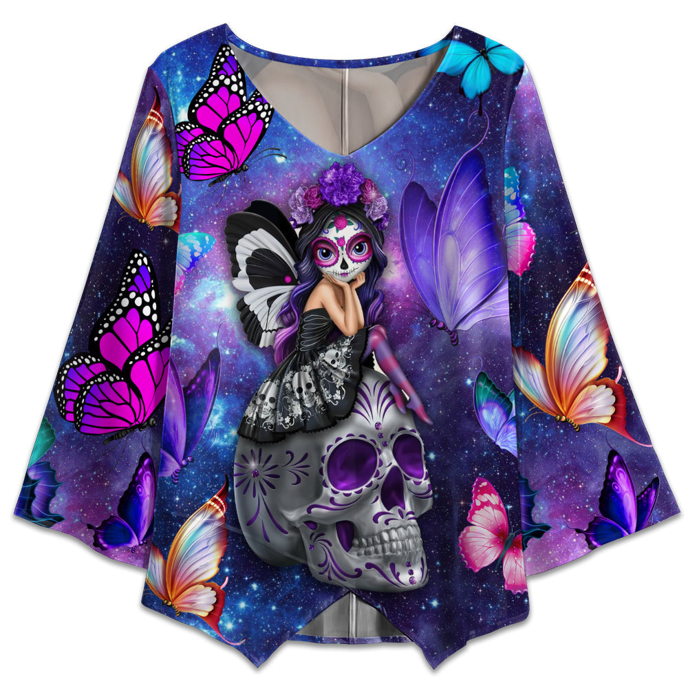 S Sugar Skull Butterfly Lighting Style - V-neck T-shirt - Owls Matrix LTD
