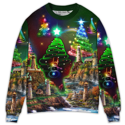 Sweater / S Lighthouse And Merry Christmas Happy - Sweater - Ugly Christmas Sweaters - Owls Matrix LTD