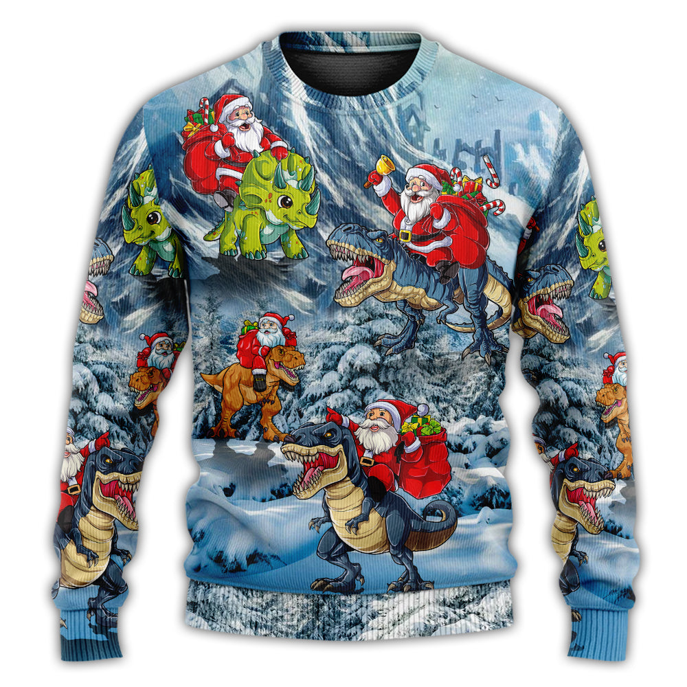 Christmas Sweater / S Christmas Santa Claus Riding Dinosaur Christmas Tree Gift Light Art Style - Sweater - Ugly Christmas Sweaters - Owls Matrix LTD