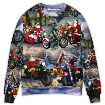Sweater / S Christmas Santa Claus Driving Motorcycle Bike Gift Light Art Style - Sweater - Ugly Christmas Sweaters - Owls Matrix LTD