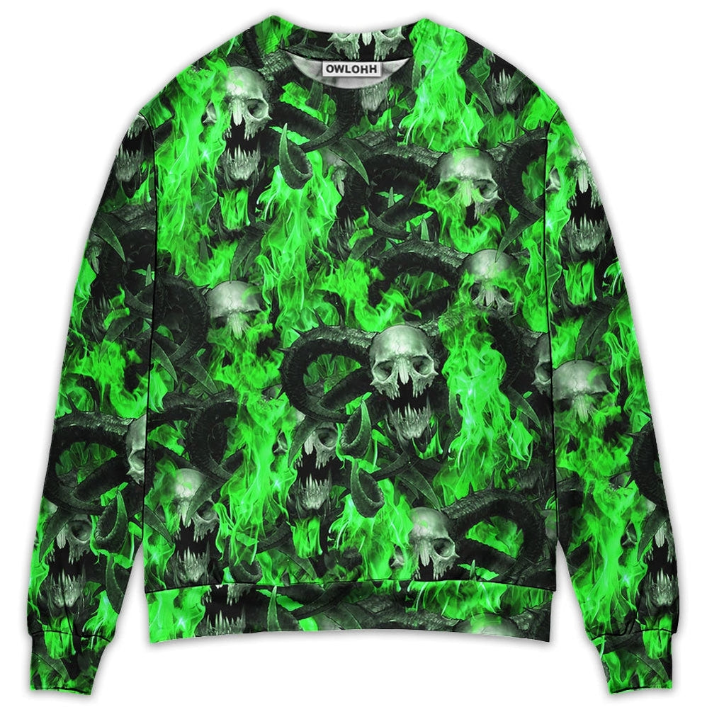 Sweater / S Skull Green Flame Burn - Sweater - Ugly Christmas Sweaters - Owls Matrix LTD