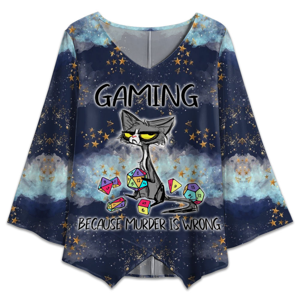 S Black Cat Gaming Because Murder Is Wrong - V-neck T-shirt - Owls Matrix LTD