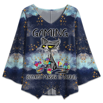 S Black Cat Gaming Because Murder Is Wrong - V-neck T-shirt - Owls Matrix LTD