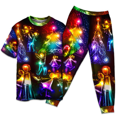 T-shirt + Pants / S Christmas Family Happy Love Tree Neon Light Style - Pajamas Short Sleeve - Owls Matrix LTD