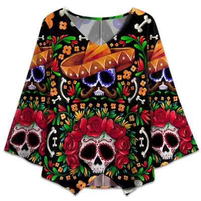 S Sugar Skull Flower Skull Mexico - V-neck T-shirt - Owls Matrix LTD