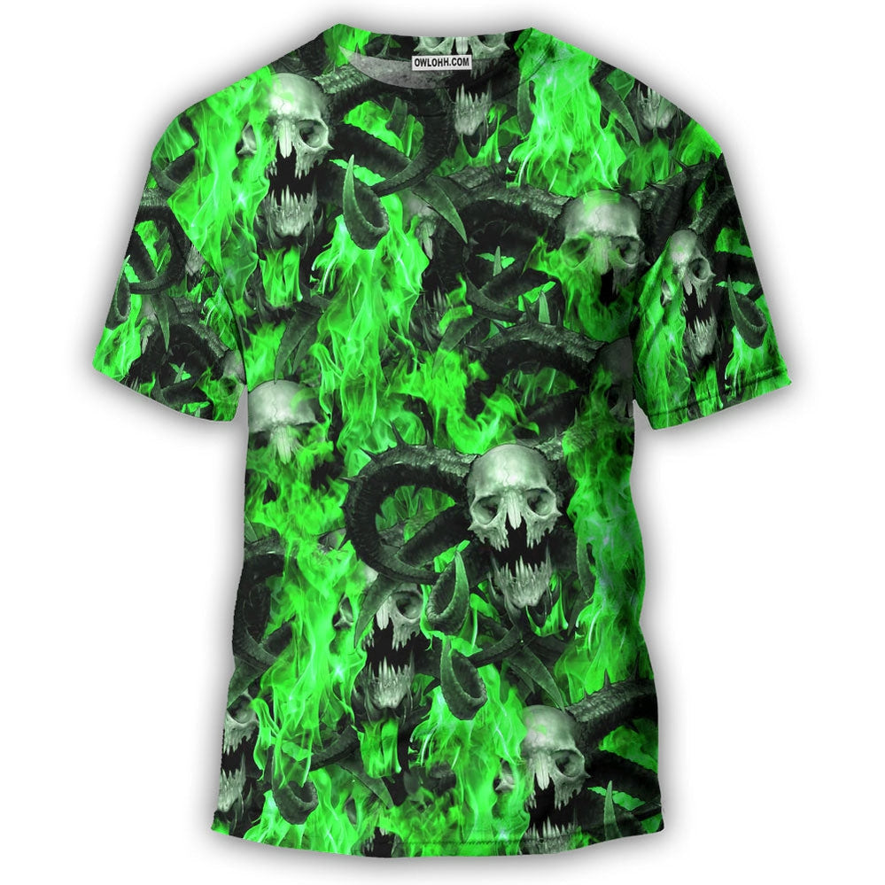 S Skull Green Flame Burn - Round Neck T-shirt - Owls Matrix LTD
