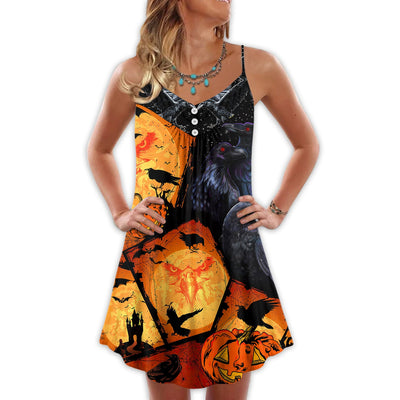 Halloween Raven Pumpkin Scary - V-neck Sleeveless Cami Dress - Owls Matrix LTD