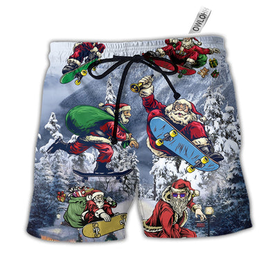 Beach Short / Adults / S Christmas Santa Claus Skateboarding Snow Mountain Gift Light Art Style - Beach Short - Owls Matrix LTD