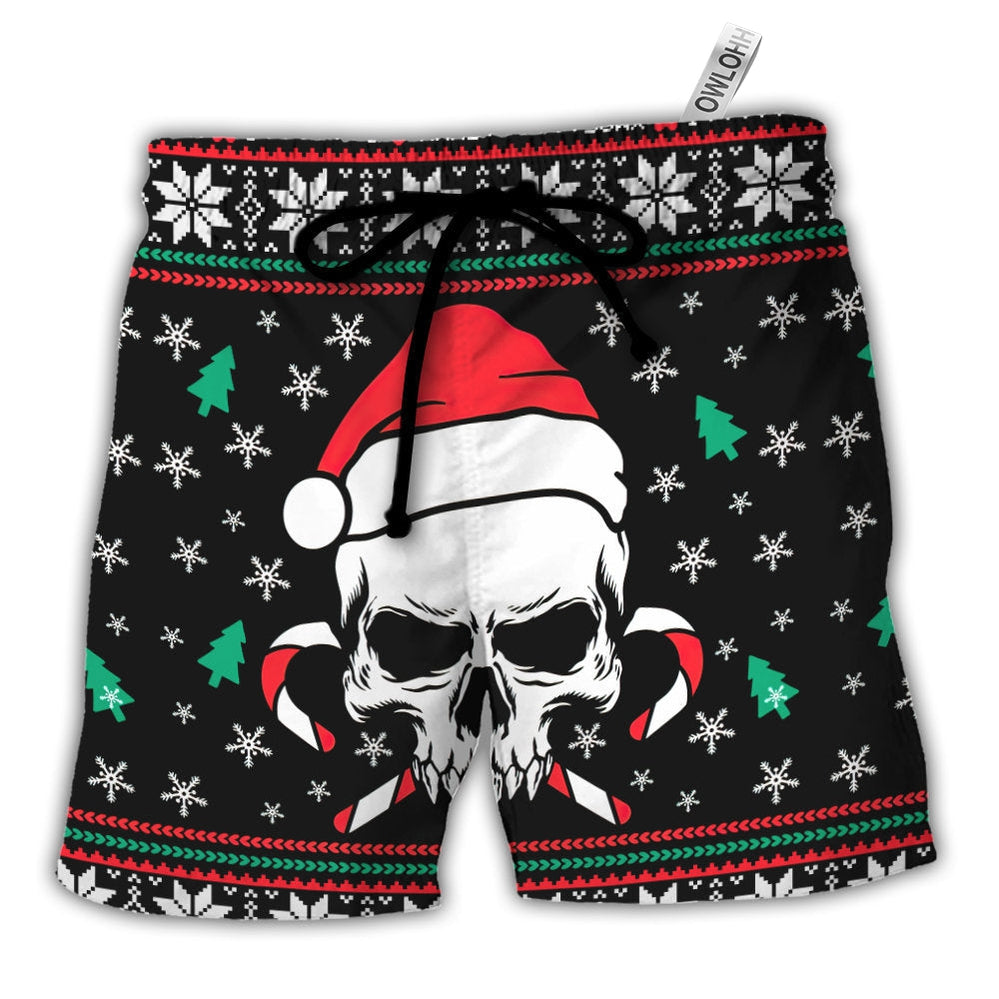 Christmas Skull Wearing Santa Claus Hat And Sweat Candy - Beach Short - Owls Matrix LTD