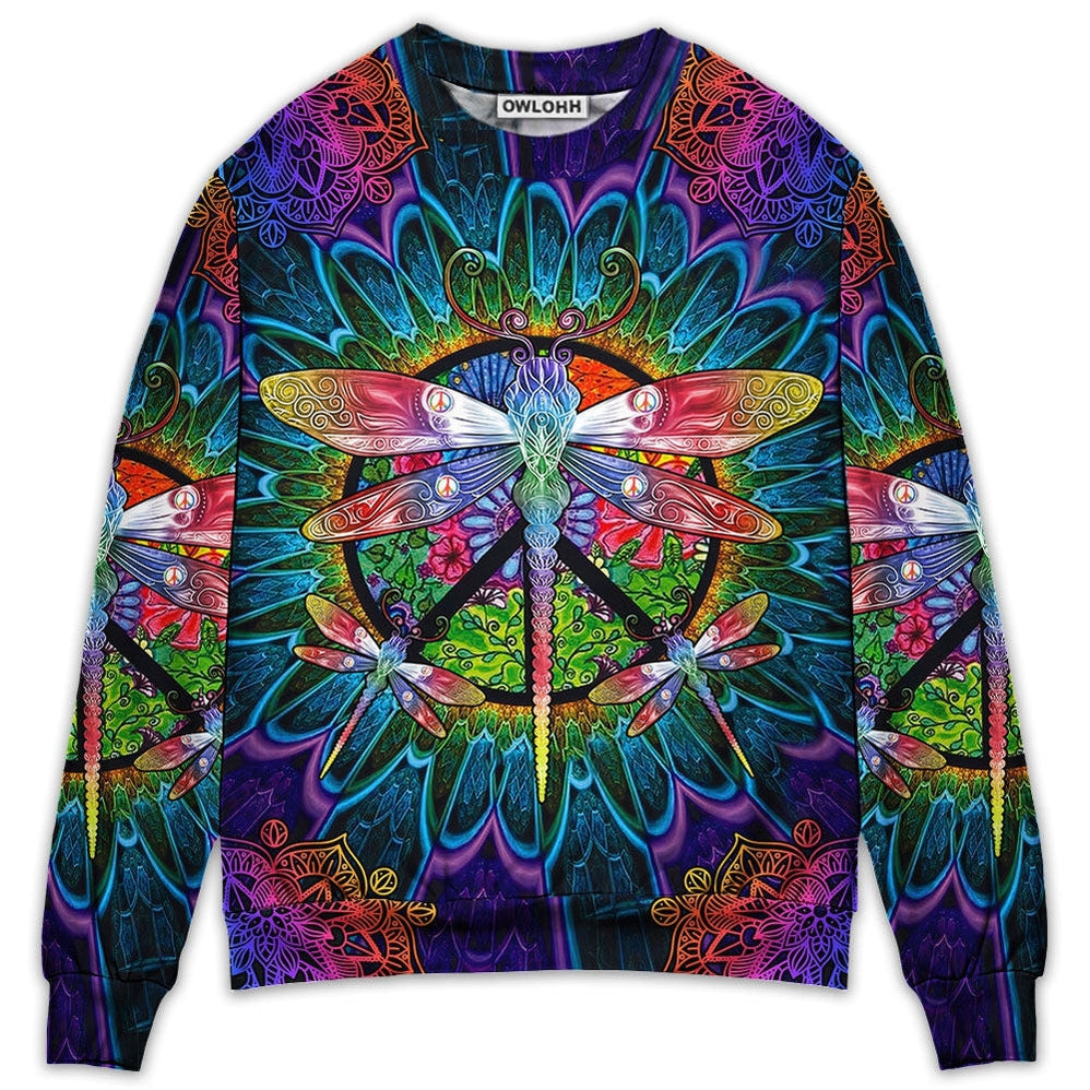 Sweater / S Hippie Colorful Dragonfly Mandala Peace Life - Sweater - Ugly Christmas Sweaters - Owls Matrix LTD