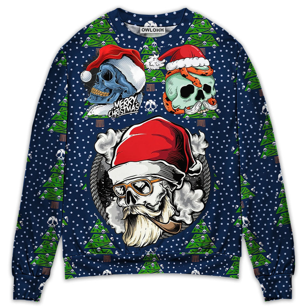 Sweater / S Christmas Skull With Santa Hat Merry Christmas Snow - Sweater - Ugly Christmas Sweaters - Owls Matrix LTD
