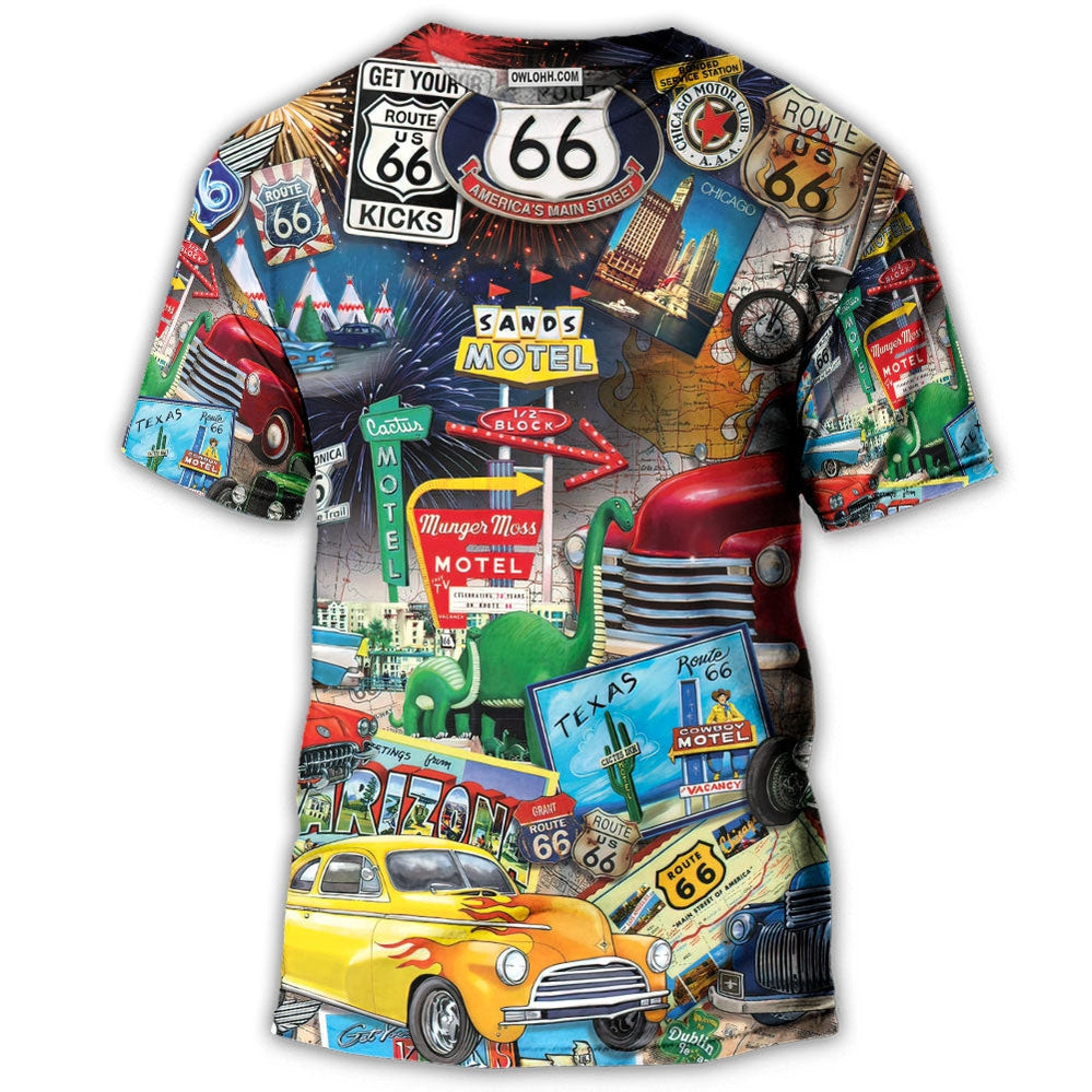 S Car Route 66 Road Trip Puzzle - Round Neck T-shirt - Owls Matrix LTD