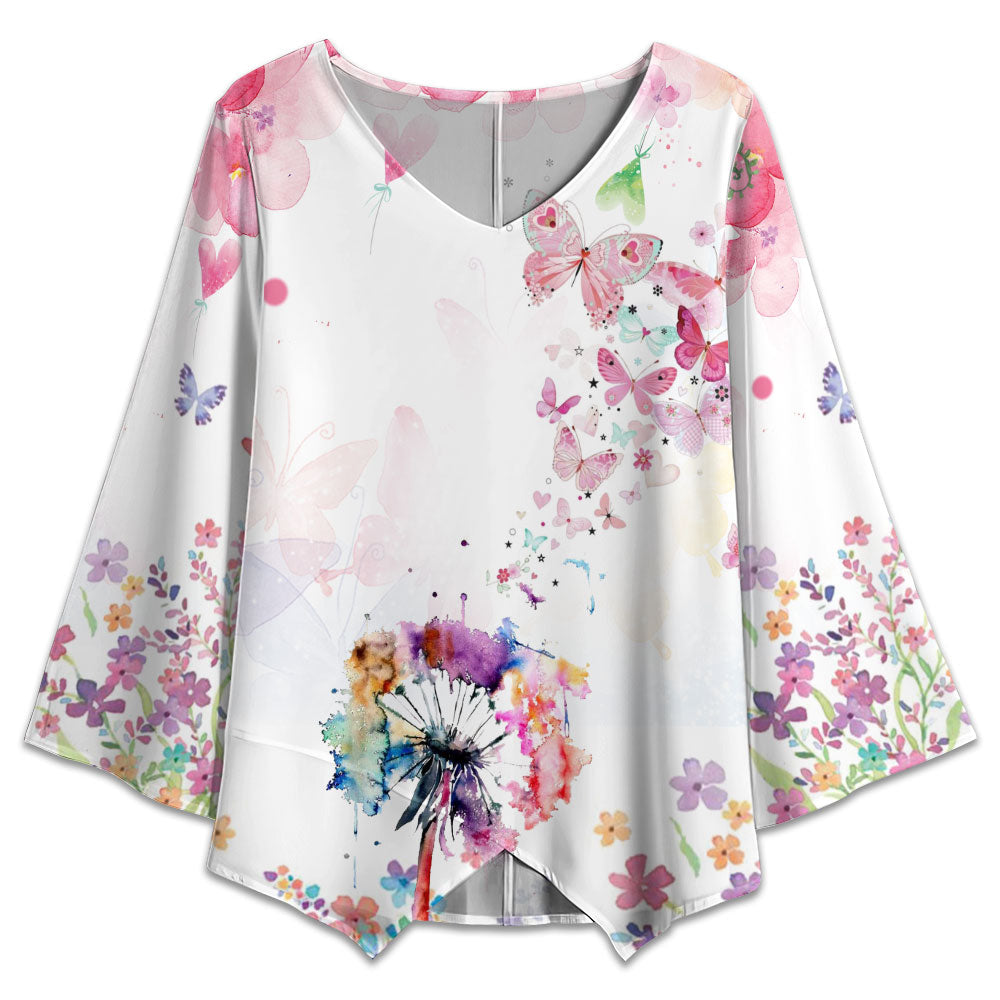 S Butterfly And Flowers Watercolor - V-neck T-shirt - Owls Matrix LTD