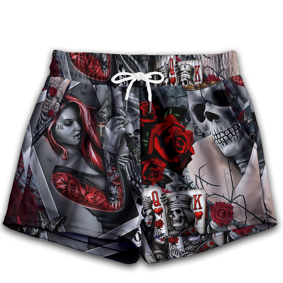 XS Skull Love Is Life Rose - Women's Casual Shorts - Owls Matrix LTD