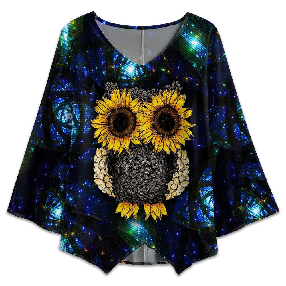 S Owl Sunflowers Night Art - V-neck T-shirt - Owls Matrix LTD