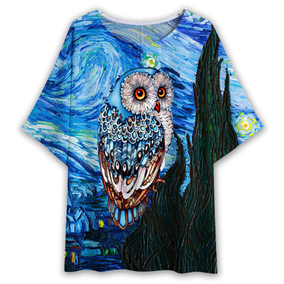 S Owl Starry Night Art - Women's T-shirt With Bat Sleeve - Owls Matrix LTD