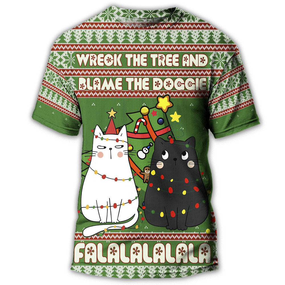 S Cat Wreck The Tree Meowy Christmas - Round Neck T-shirt - Owls Matrix LTD