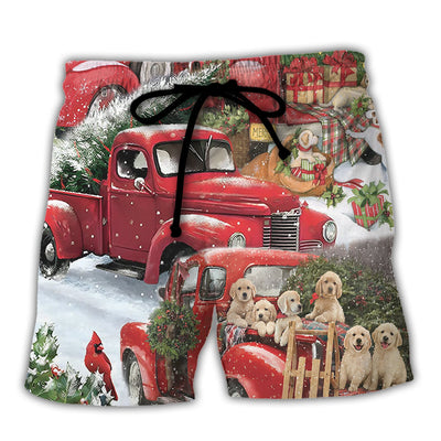 Christmas Red Truck With Xmas Tree And Little Puppy - Beach Short - Owls Matrix LTD