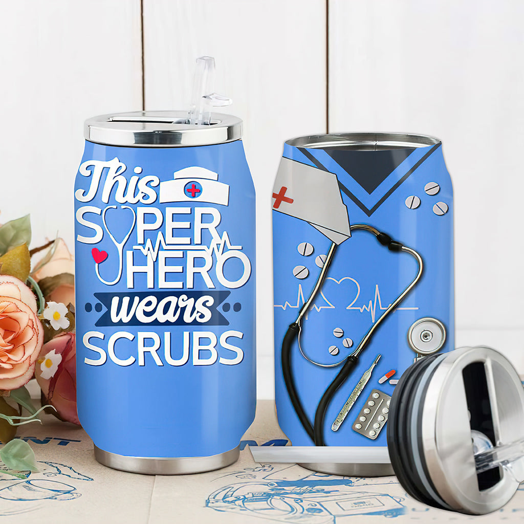 S Nurse This Super Hero Wears Scrubs - Soda Can Tumbler - Owls Matrix LTD