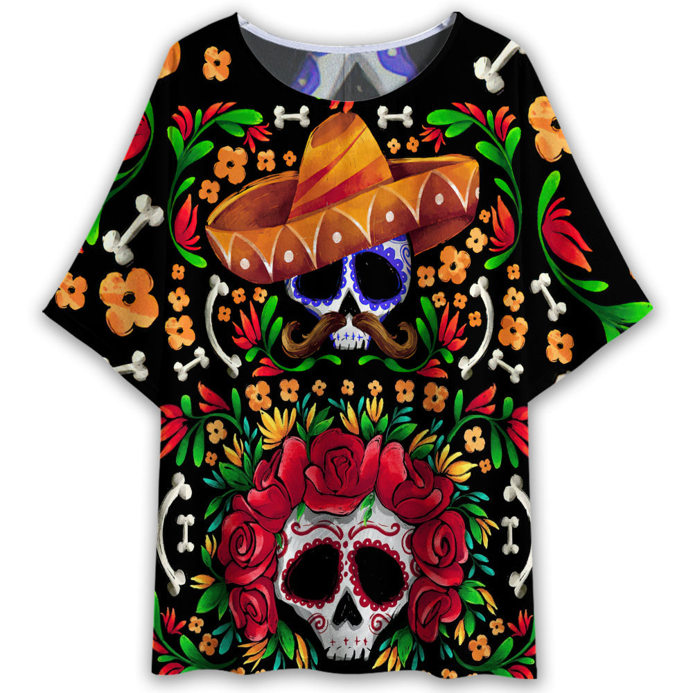 S Sugar Skull Flower Skull Mexico - Women's T-shirt With Bat Sleeve - Owls Matrix LTD