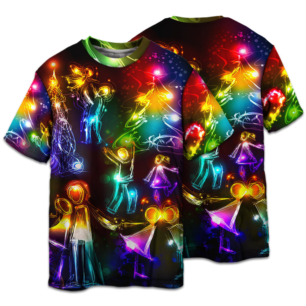 T-shirt / S Christmas Family Happy Love Tree Neon Light Style - Pajamas Short Sleeve - Owls Matrix LTD