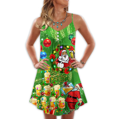 S Christmas Funny Santa Claus Drinking Beer Happy Christmas Tree Green Light - V-neck Sleeve Cami Dress - Owls Matrix LTD