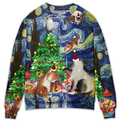 Sweater / S Christmas Cat Playing In Starry Night - Sweater - Ugly Christmas Sweaters - Owls Matrix LTD