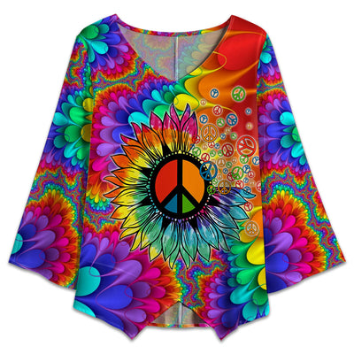S Hippie Peace Sunflower Art - V-neck T-shirt - Owls Matrix LTD