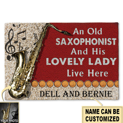 S ( 16X24 INCHES ) Saxophone Old Couple Live Here Red Custom Photo Personalized - Doormat - Owls Matrix LTD