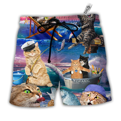 Beach Short / Adults / S Fishing Cat Cute Beach Art Style - Beach Short - Owls Matrix LTD