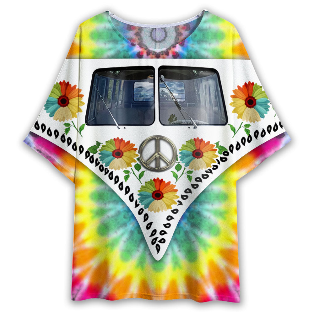 S Hippie Tie Dye Bus With Sunflowers - Women's T-shirt With Bat Sleeve - Owls Matrix LTD