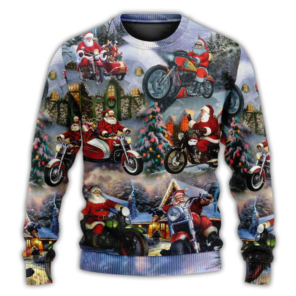 Christmas Sweater / S Christmas Santa Claus Driving Motorcycle Bike Gift Light Art Style - Sweater - Ugly Christmas Sweaters - Owls Matrix LTD