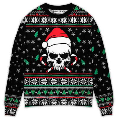 Sweater / S Christmas Skull Wearing Santa Claus Hat And Sweat Candy - Sweater - Ugly Christmas Sweaters - Owls Matrix LTD
