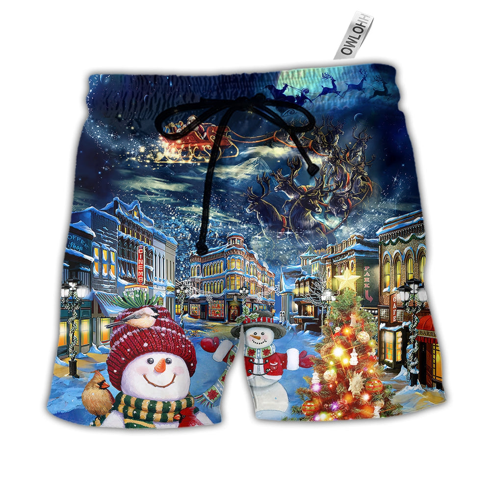 Beach Short / Adults / S Christmas Family Snowman Santa Claus In Love Light Art Style - Beach Short - Owls Matrix LTD