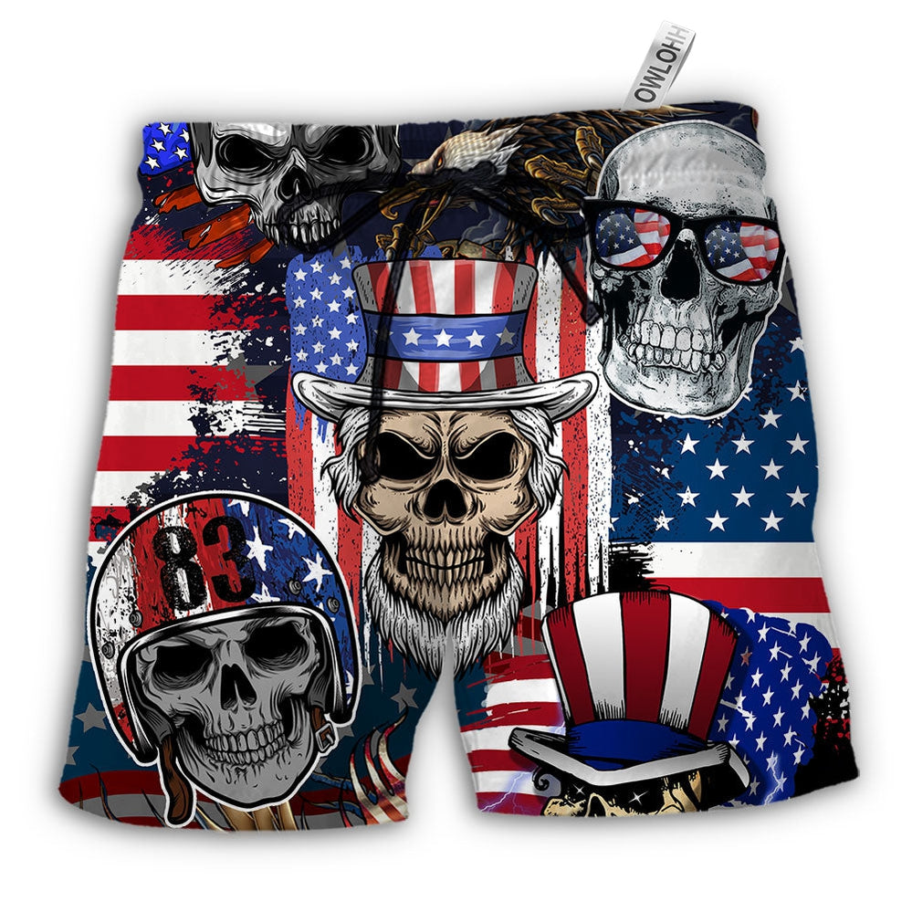 Beach Short / Adults / S Skull Independence Day Skull US Flag - Beach Short - Owls Matrix LTD