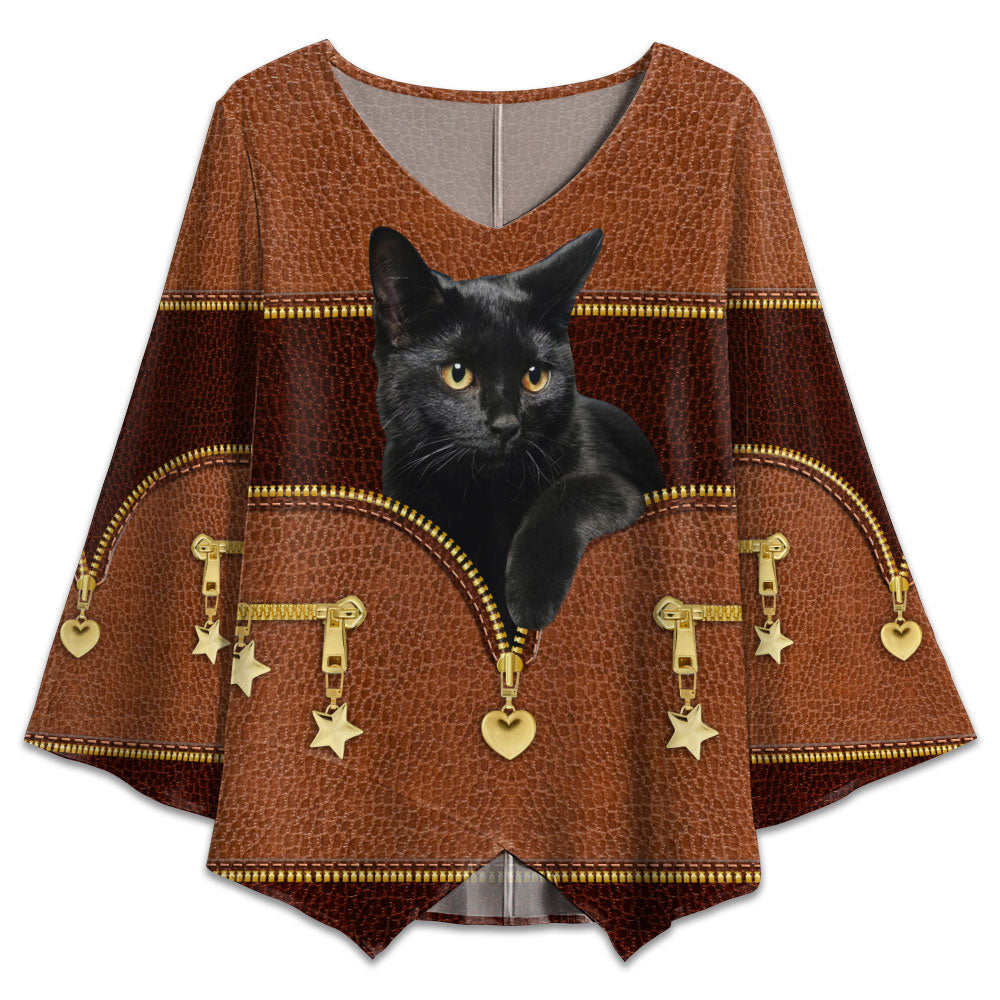 S Black Cat Leather With Zippers Style - V-neck T-shirt - Owls Matrix LTD