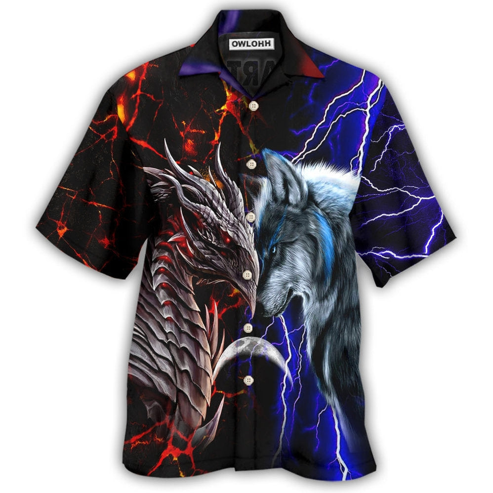 Hawaiian Shirt / Adults / S Dragon And Wolf Red And Blue - Hawaiian Shirt - Owls Matrix LTD