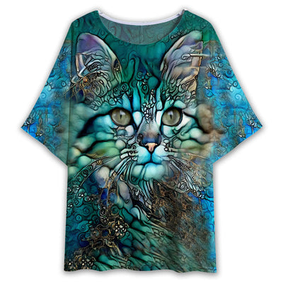 S Cat Glass Art Style - Women's T-shirt With Bat Sleeve - Owls Matrix LTD