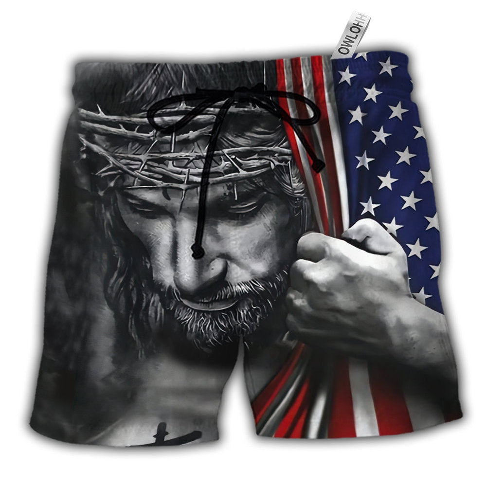 Beach Short / Adults / S Jesus America One Nation Under God - Beach Short - Owls Matrix LTD
