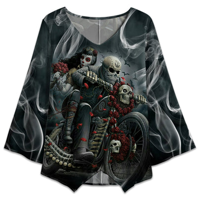 S Sugar Skull Ride Couple Dark Smoke - V-neck T-shirt - Owls Matrix LTD