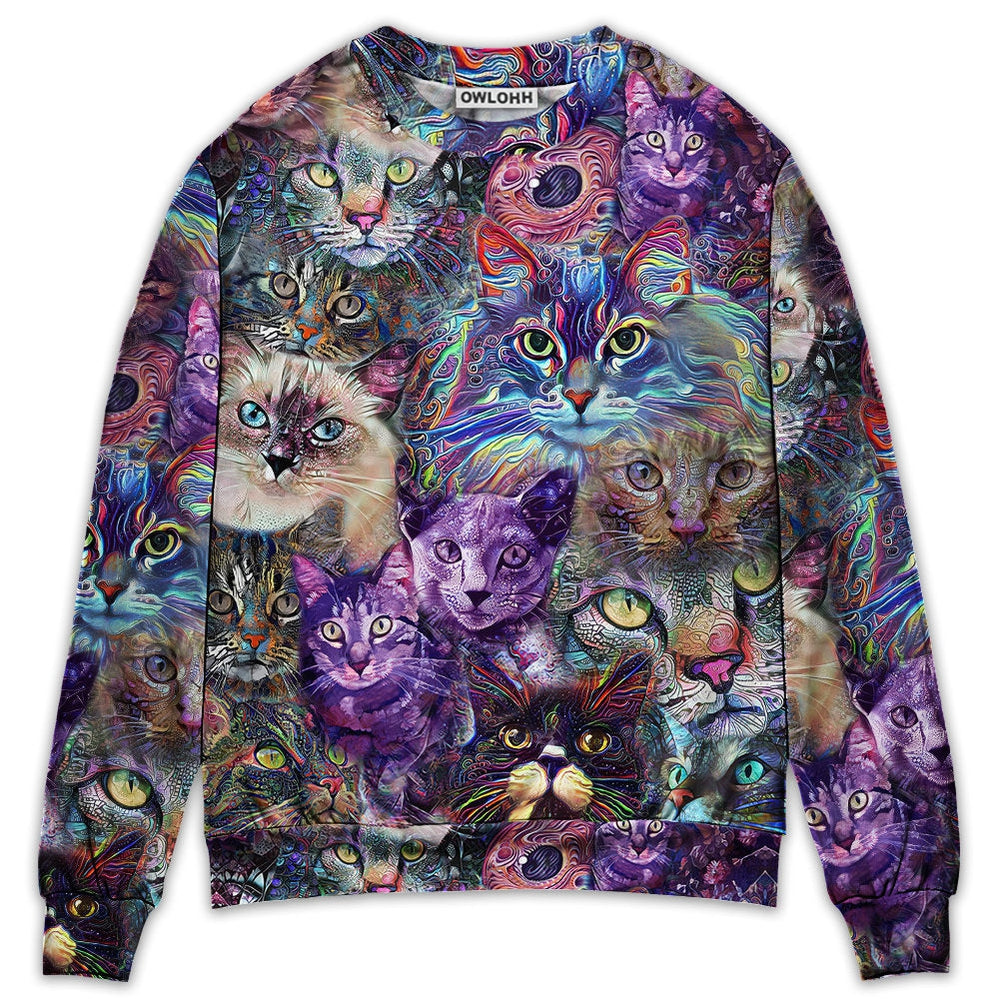 Cat Amazing Psychedelic Purple - Sweater - Ugly Christmas Sweaters - Owls Matrix LTD