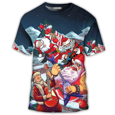 S Christmas Santa With Electric Guitar - Round Neck T-shirt - Owls Matrix LTD
