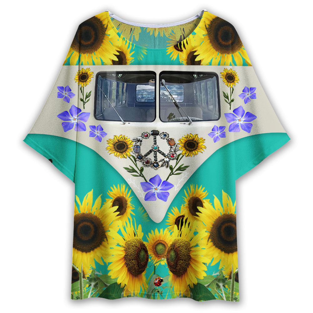 S Hippie Peace Bus With Sunflowers - Women's T-shirt With Bat Sleeve - Owls Matrix LTD