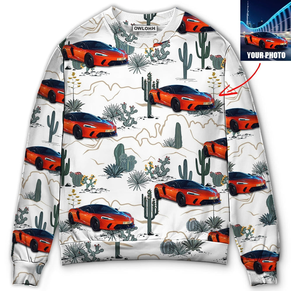 Sweater / S Car Desert With Mountains Blooming Cacti Opuntia And Saguaro Custom Photo - Sweater - Ugly Christmas Sweaters - Owls Matrix LTD