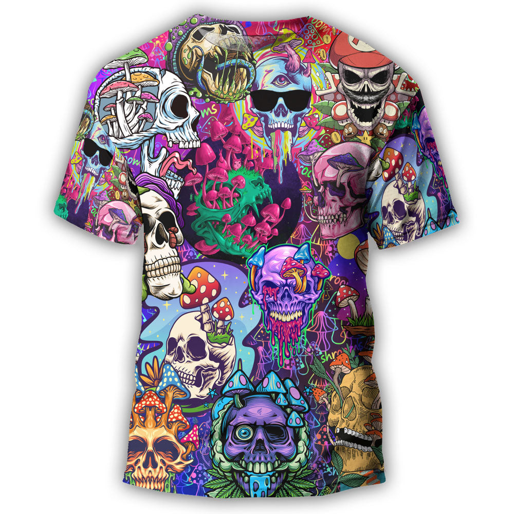 S Hippie Mushroom And Skull Colorful Art - Round Neck T-shirt - Owls Matrix LTD