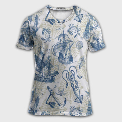 S Ocean Life Vintage Sailboat Sea Monster Geographical Maps - Round Neck T-shirt - Owls Matrix LTD